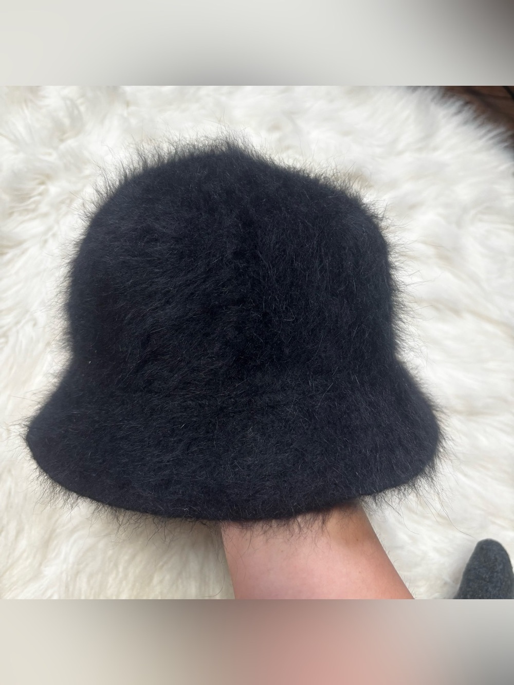 Black Fuzzy Angora & Wool Bucket Style Women’s Hat